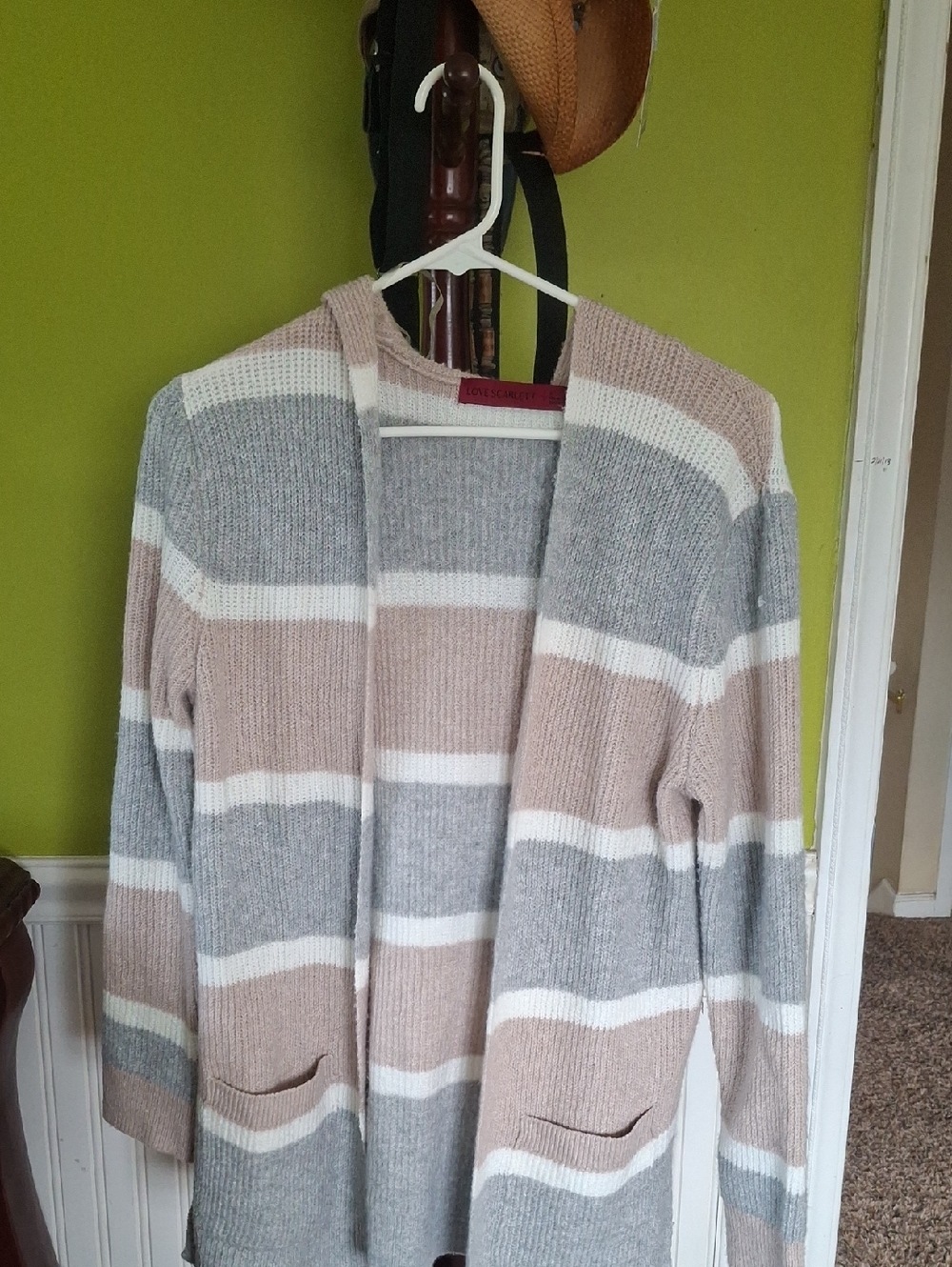 Striped Open-Front Cardigan in Taupe, Gray & White